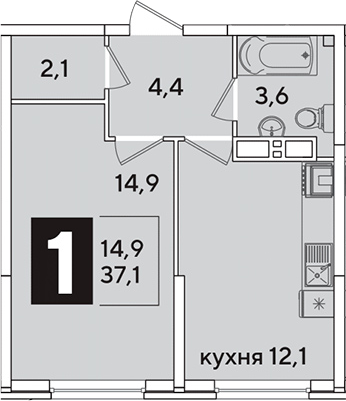1-комн., 37.1 м², 12/16 этаж, ЖК «Самолет»