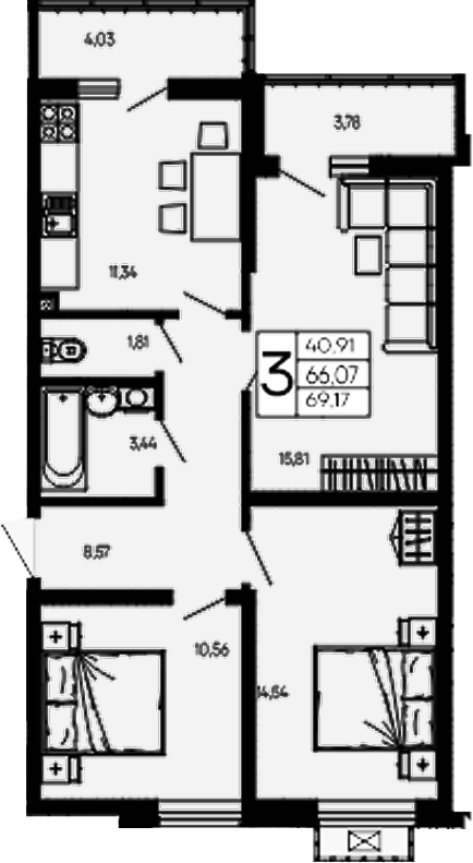 Продается 3-комн. квартира, 66.07 м²