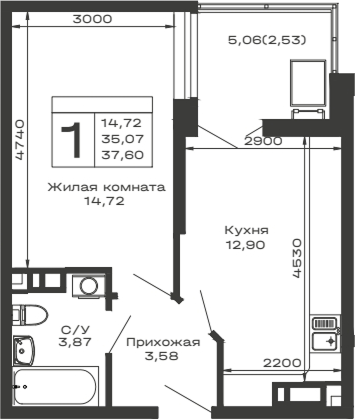 1-комн., 35.07 м², 3/16 этаж, ЖК «Долина»