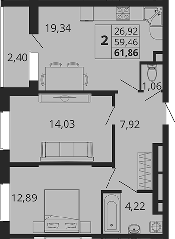 Продается 2-комн. квартира, 59.46 м²