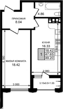 1-комн., 47.65 м², 8/8 этаж, ЖК «Резиденция морей»