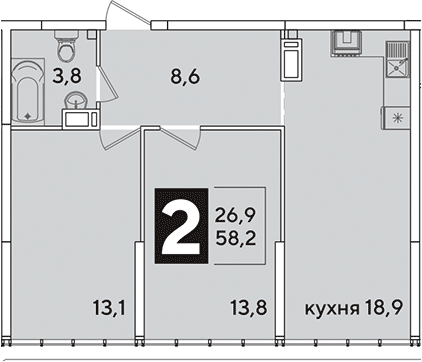 3-комн., 58.2 м², 16/16 этаж, ЖК «Самолет»