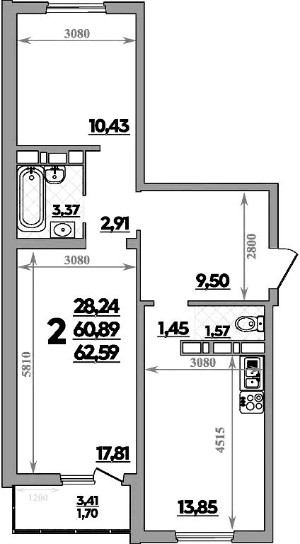 2-комн., 62.59 м², 8/9 этаж, ЖК «Романовский»