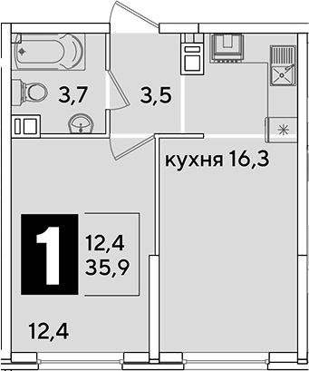 2-комн., 35.9 м², 7/16 этаж, ЖК «Самолет»