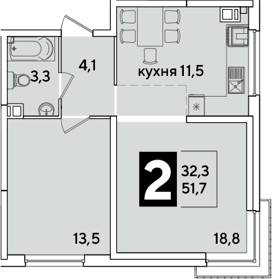 2-комн., 51.7 м², 5/16 этаж, ЖК «Самолет»