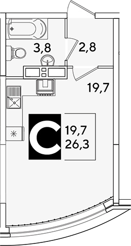 Студия, 26.3 м², 13/16 этаж, ЖК «Самолет»