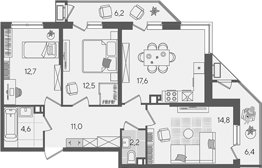 4+ комнаты, 75.4 м², 9/24 этаж, ЖК «Рекорд»