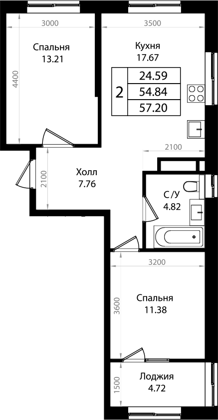 Продается 2-комн. квартира, 54.62 м²