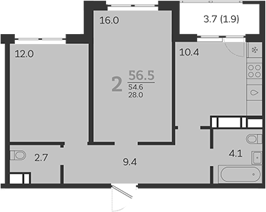 2-комн., 53.6 м², 19/24 этаж, ЖК «Все Свои VIP»