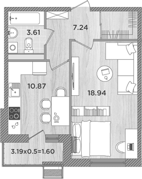1-комн., 40.66 м², 8/8 этаж, ЖК «Сады у моря»