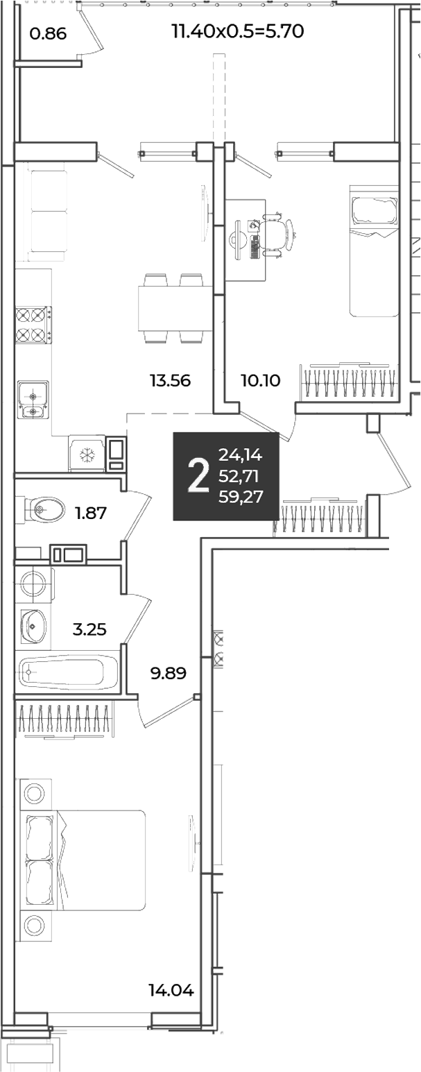 2-комн., 52.71 м², 5/18 этаж, ЖК «Образцово»