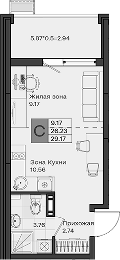 Студия, 26.23 м², 6/8 этаж, ЖК «МОНО квартал»