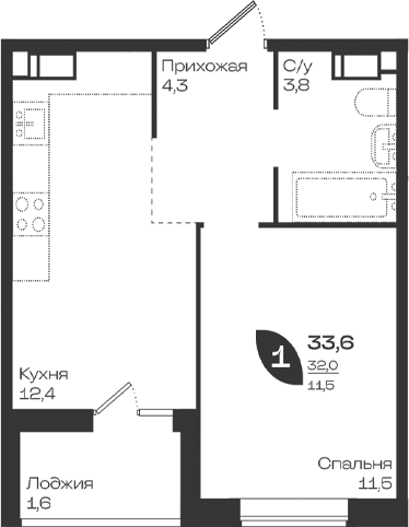 1-комн., 32 м², 18/18 этаж, ЖК «Ботаника»