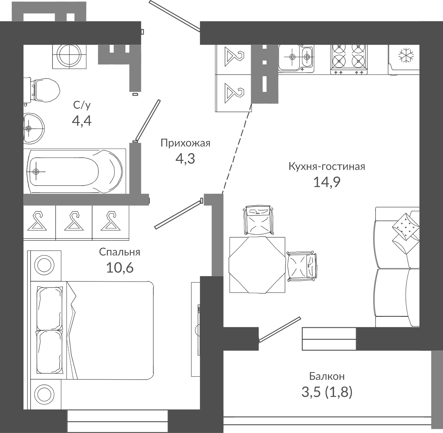 1-комн., 34.2 м², 2/12 этаж, ЖК «Флора»