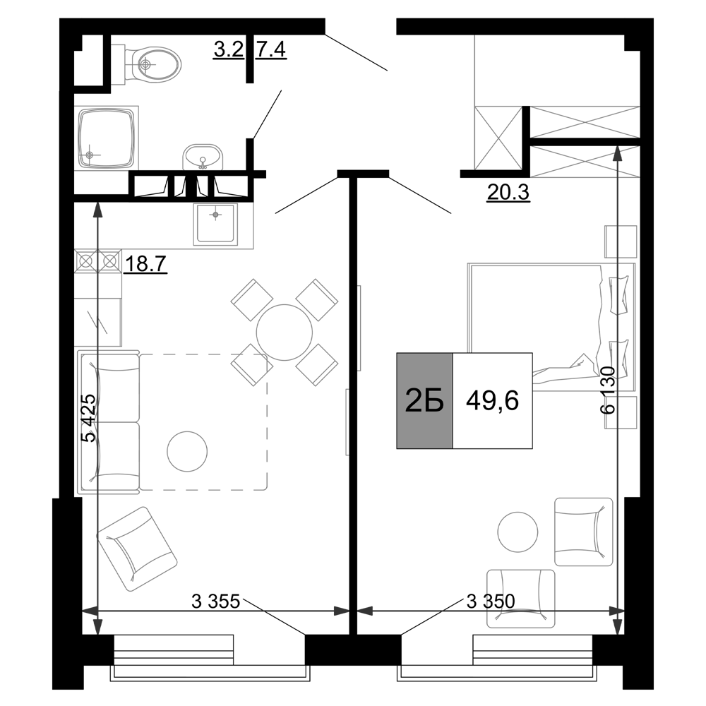 2-комн., 49.6 м², 6/9 этаж, ЖК «Гостиничный комплекс Мореград»