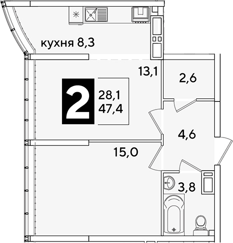 Продается 2-комн. квартира, 47.4 м²