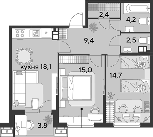 3-комн., 66.3 м², 6/9 этаж, ЖК «Парк Победы»
