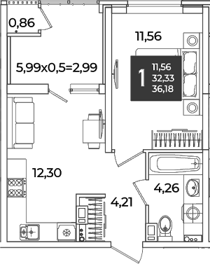 1-комн., 32.33 м², 18/18 этаж, ЖК «Образцово»