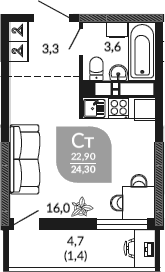 Студия, 22.9 м², 23/23 этаж, ЖК «Облака»