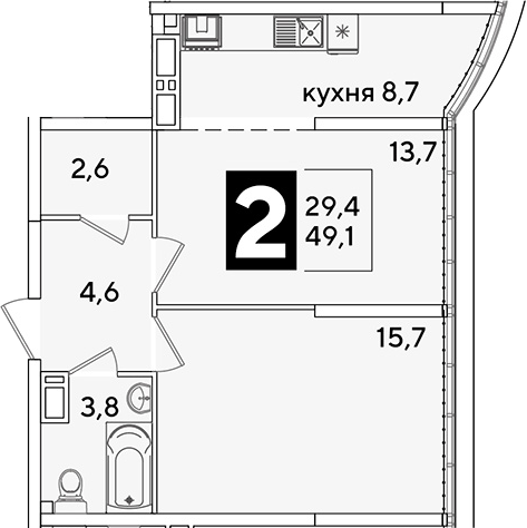 Продается 2-комн. квартира, 49.1 м²