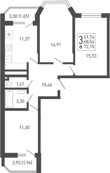 3-комн., 70.2 м², 14/22 этаж, ЖК «ЖК «Кубанская Крепость»»