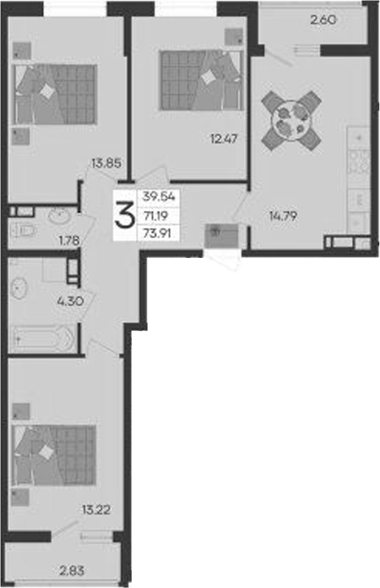 3-комн., 71.19 м², 3/9 этаж, ЖК «Дом 101»