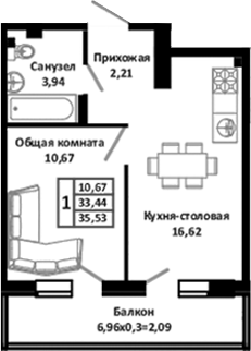 2-комн., 33.44 м², 3/4 этаж, ЖК «Южные Соседи»