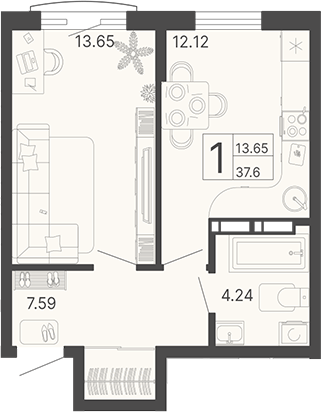 1-комн., 37.6 м², 10/11 этаж, ЖК «Светский лес»