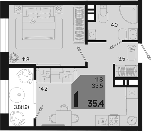 1-комн., 33.5 м², 5/9 этаж, ЖК «Первое место»