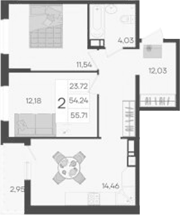 2-комн., 54.24 м², 9/9 этаж, ЖК «Дом 101»