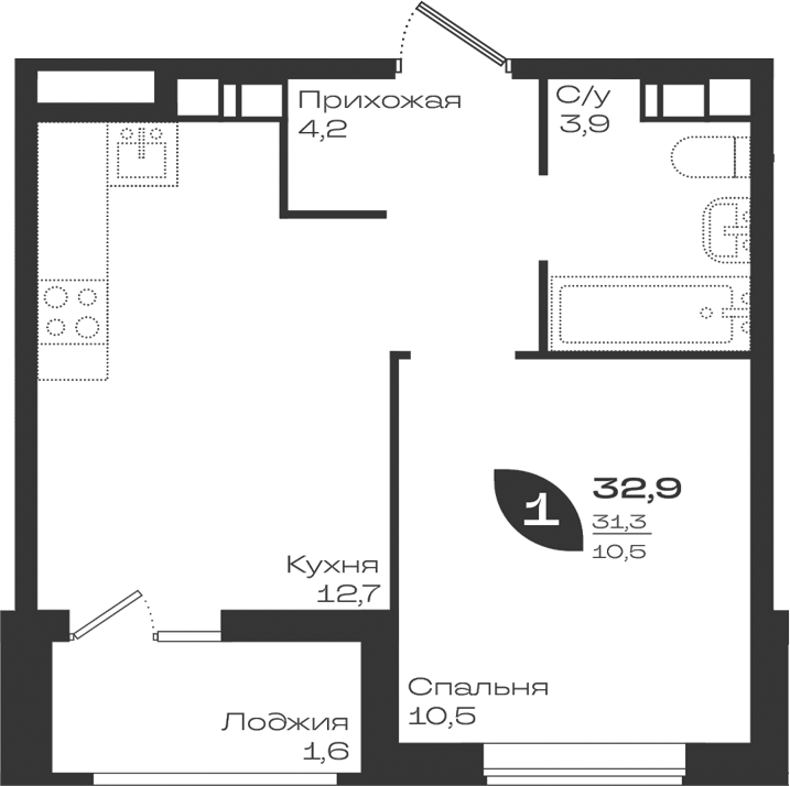 1-комн., 31.3 м², 4/6 этаж, ЖК «Ботаника»