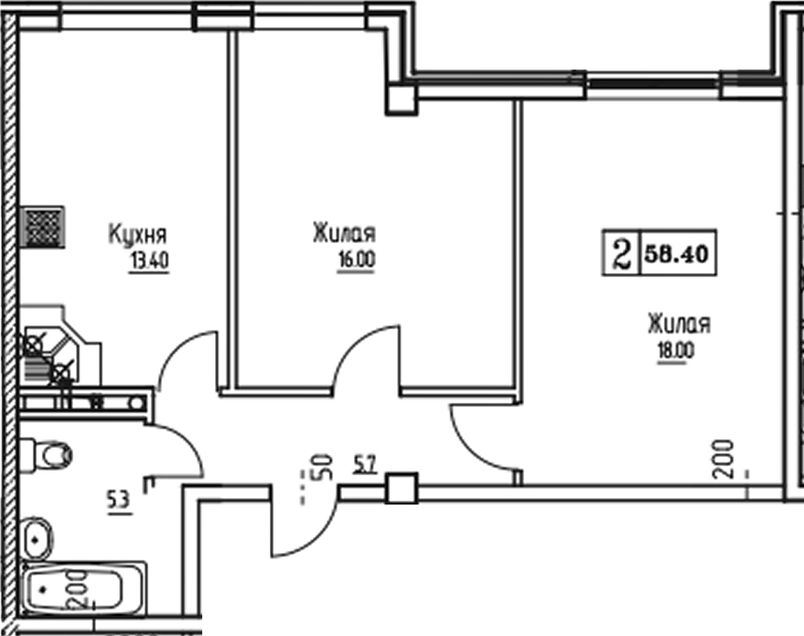 2-комн., 58.36 м², 1/9 этаж, ЖК «Южная звезда»