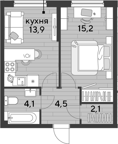 1-комн., 39.8 м², 2/19 этаж, ЖК «DОГМА ПАРК»