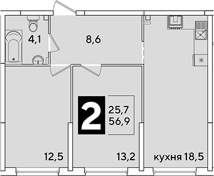 3-комн., 56.9 м², 2/16 этаж, ЖК «Самолет»