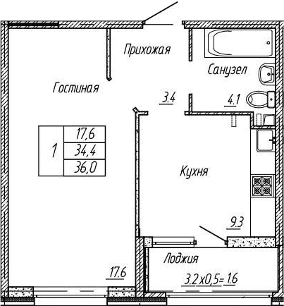 1-комн., 34.4 м², 2/18 этаж, ЖК «Архитектор. ГК ЮгСтройИнвест»