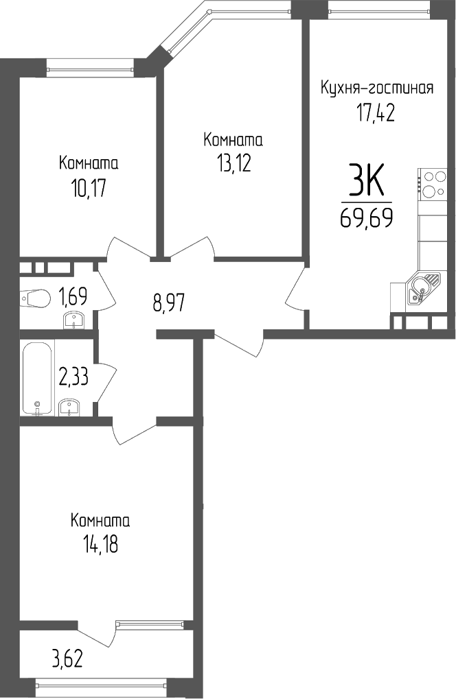 3-комн., 67.88 м², 14/14 этаж, ЖК «Портрет 2»