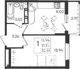 1-комн., 31.74 м², 5/18 этаж, ЖК «Дом 101»