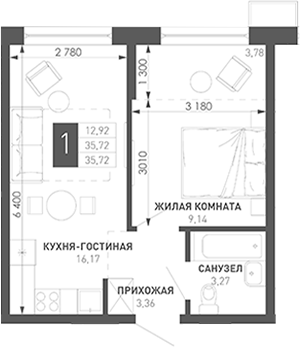 1-комн., 33.79 м², 9/18 этаж, ЖК «Иначе в Молодежном»