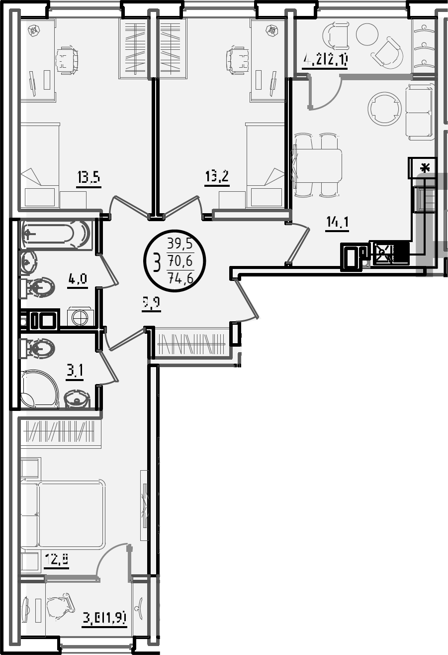 3-комн., 70.6 м², 9/9 этаж, ЖК «Первое место»
