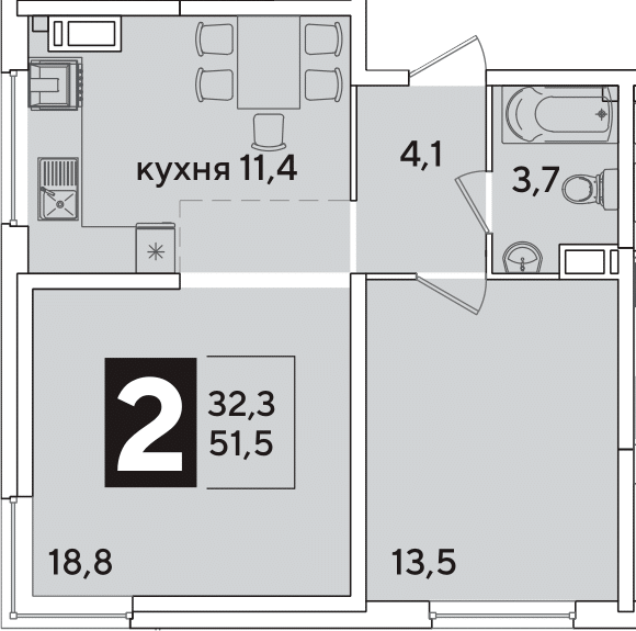 2-комн., 51.5 м², 14/16 этаж, ЖК «Самолет»