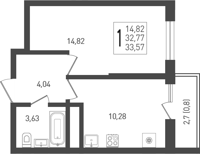 1-комн., 32.77 м², 4/24 этаж, ЖК «ЖК «Кубанская Крепость»»