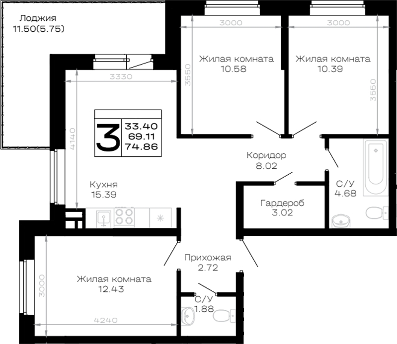 Продается 3-комн. квартира, 69.11 м²
