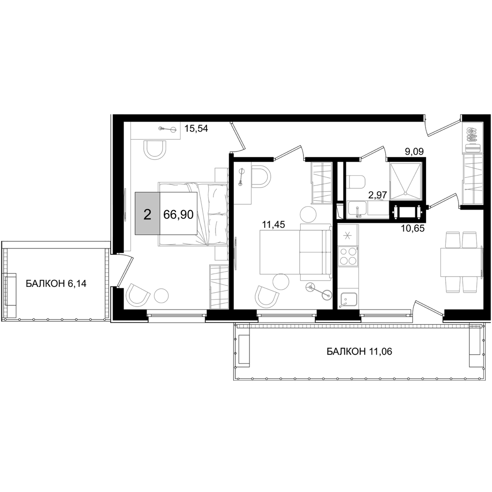 2-комн., 49.7 м², 2/8 этаж, ЖК «IT гостиничный комплекс Корсаков»