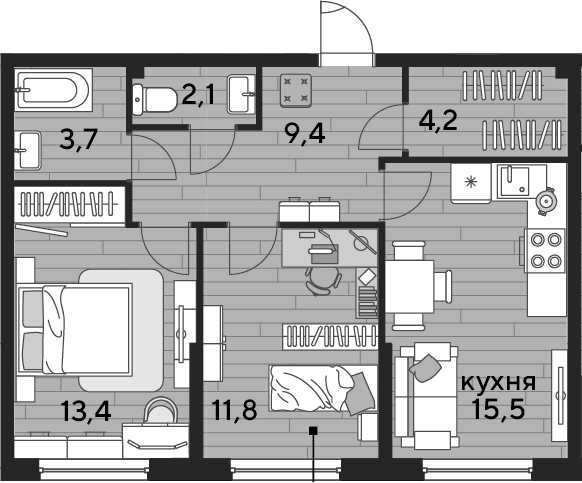 2-комн., 60.1 м², 2/16 этаж, ЖК «DОГМА ПАРК»