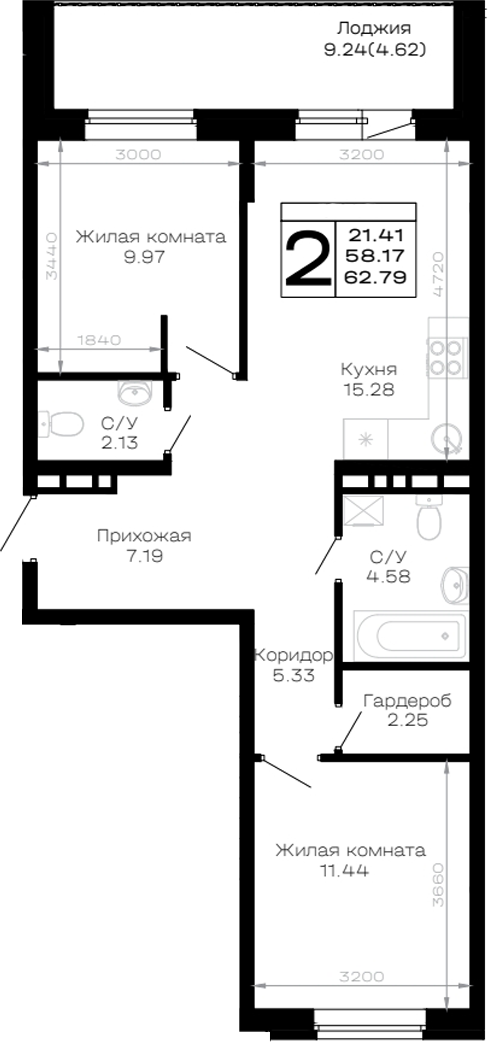 2-комн., 58.17 м², 3/4 этаж, ЖК «Усадьба Гостагаевская»