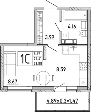 Студия, 25.41 м², 1/8 этаж, ЖК «Любимый дом. СЗ СтройГрупп»