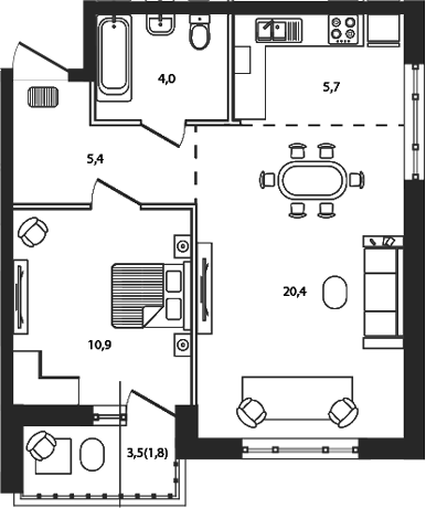 2-комн., 46.4 м², 7/7 этаж, ЖК «Сиреневый бульвар»