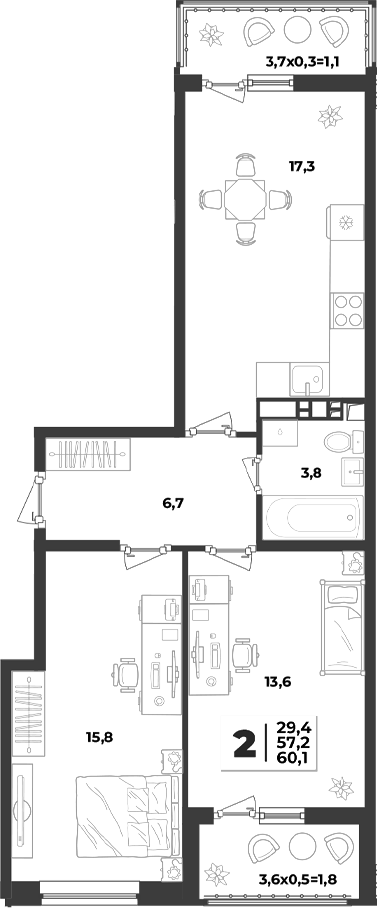2-комн., 57.2 м², 2/9 этаж, ЖК «Лето»
