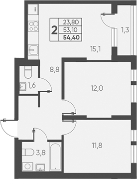 2-комн., 53.1 м², 12/15 этаж, ЖК «Барса»