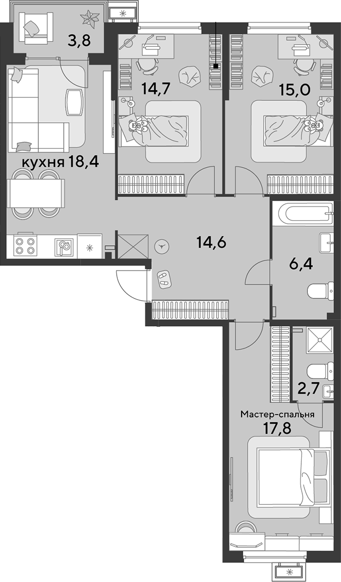 4+ комнаты, 89.6 м², 2/9 этаж, ЖК «Парк Победы»